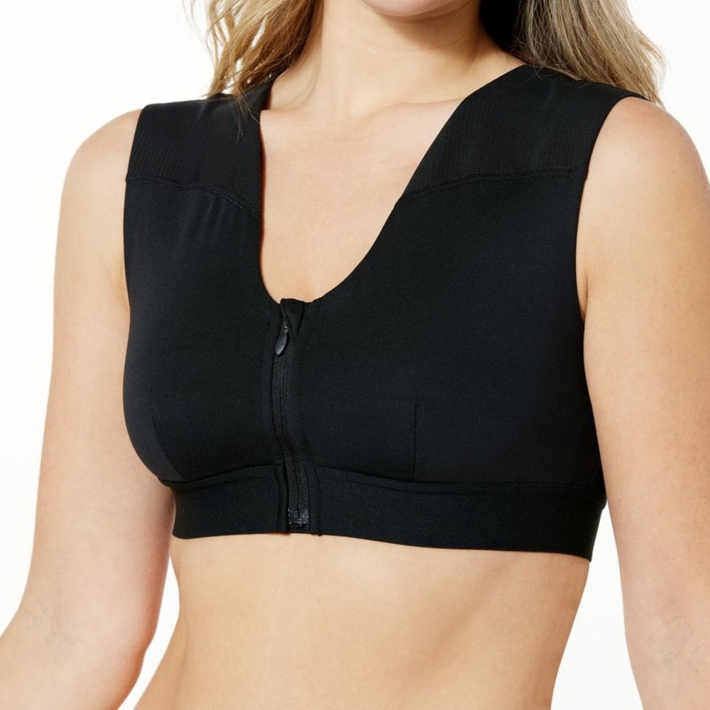 Black Front-Zip Sports Bra with V-Neckline